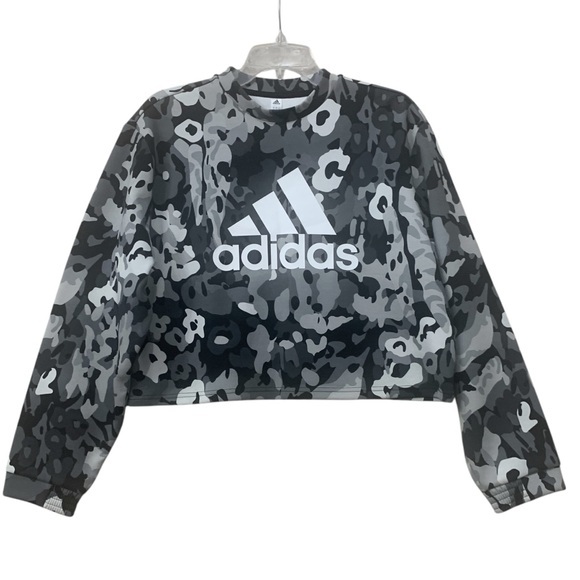 Adidas Sweatshirt Womens Small Black White Camo All Over Print Cropped Pullover - Picture 4 of 10